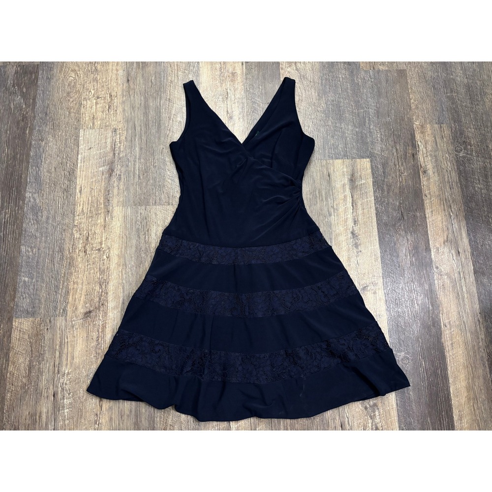 Lauren Ralph Lauren Navy Blue Lace Tiered V-Neck Sleeveless Cocktail Dress 12‎